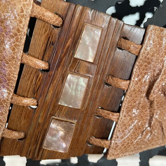 Vintage Wide Brown Reptile Design Contour Belt w/ Wooden Accents & Shell Inlays main image 4